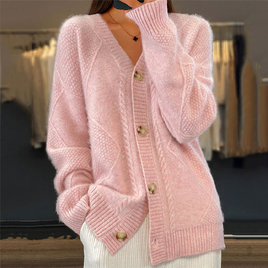 Soft Knit Cardigan with Cable Pattern and V-Neckline