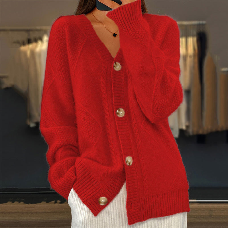 Soft Knit Cardigan with Cable Pattern and V-Neckline