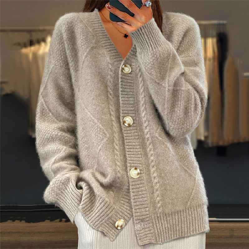 Soft Knit Cardigan with Cable Pattern and V-Neckline