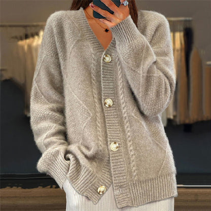 Soft Knit Cardigan with Cable Pattern and V-Neckline