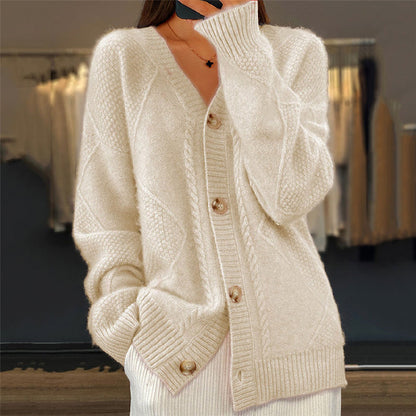 Soft Knit Cardigan with Cable Pattern and V-Neckline