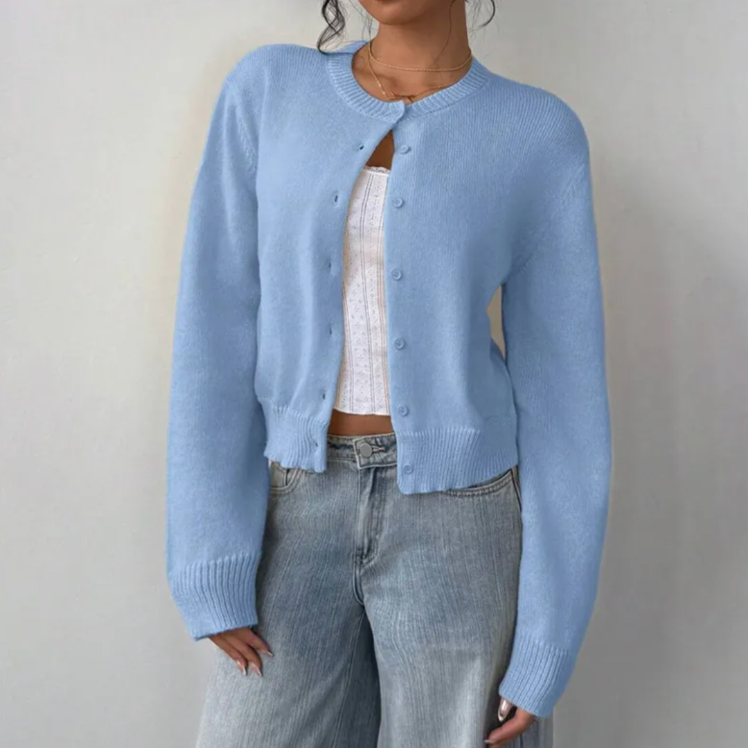 Soft Cropped Knit Cardigan with Round Neck and Ribbed Hem