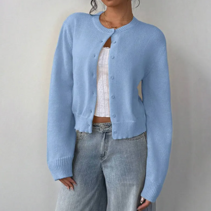Soft Cropped Knit Cardigan with Round Neck and Ribbed Hem