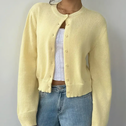 Soft Cropped Knit Cardigan with Round Neck and Ribbed Hem