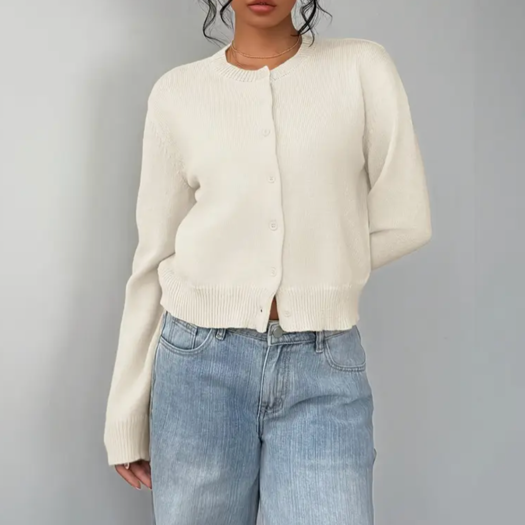 Soft Cropped Knit Cardigan with Round Neck and Ribbed Hem