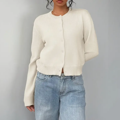 Soft Cropped Knit Cardigan with Round Neck and Ribbed Hem