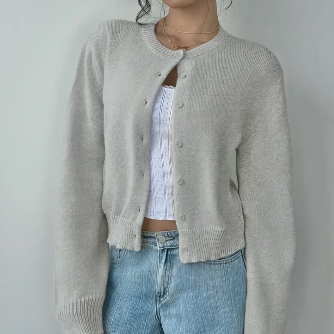 Soft Cropped Knit Cardigan with Round Neck and Ribbed Hem