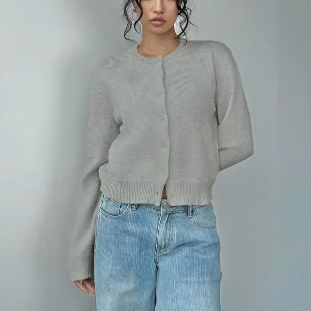 Soft Cropped Knit Cardigan with Round Neck and Ribbed Hem
