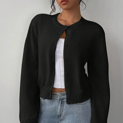 Soft Cropped Knit Cardigan with Round Neck and Ribbed Hem