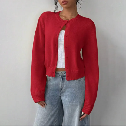 Soft Cropped Knit Cardigan with Round Neck and Ribbed Hem