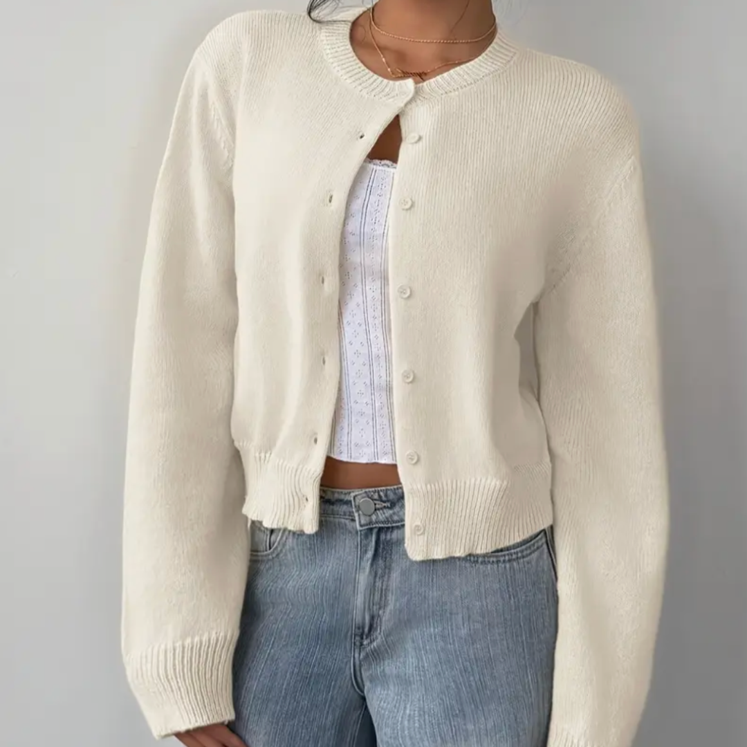 Soft Cropped Knit Cardigan with Round Neck and Ribbed Hem