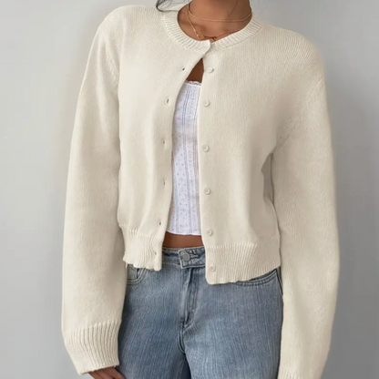 Soft Cropped Knit Cardigan with Round Neck and Ribbed Hem
