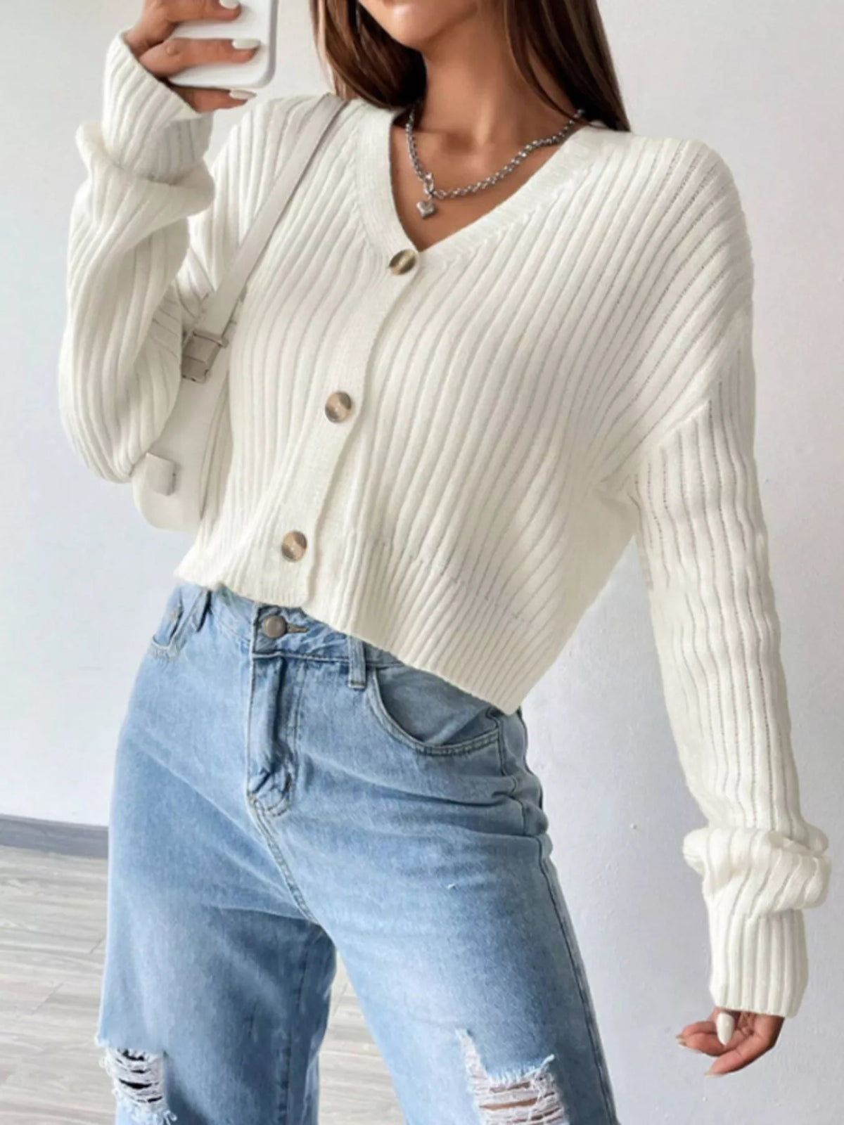 Soft Cropped Ribbed Cardigan with V-Neckline and Gold Buttons