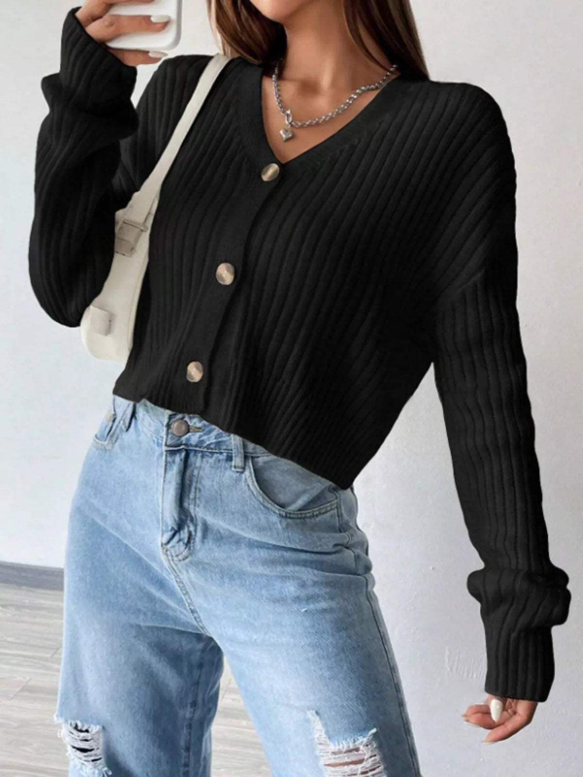 Soft Cropped Ribbed Cardigan with V-Neckline and Gold Buttons