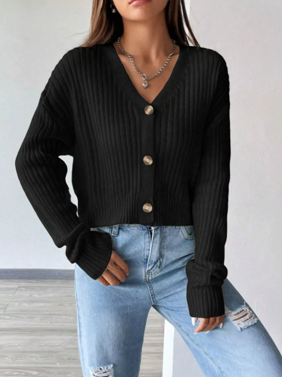 Soft Cropped Ribbed Cardigan with V-Neckline and Gold Buttons