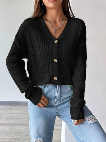 Soft Cropped Ribbed Cardigan with V-Neckline and Gold Buttons