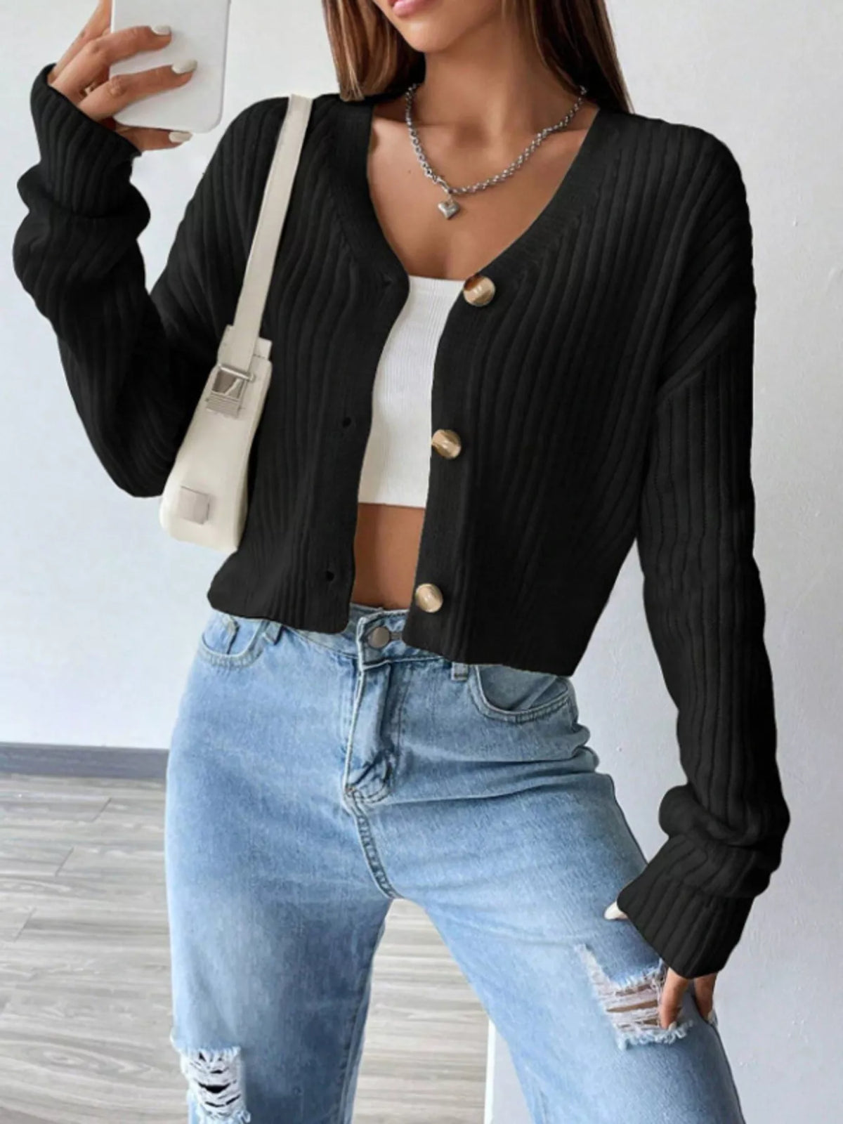 Soft Cropped Ribbed Cardigan with V-Neckline and Gold Buttons
