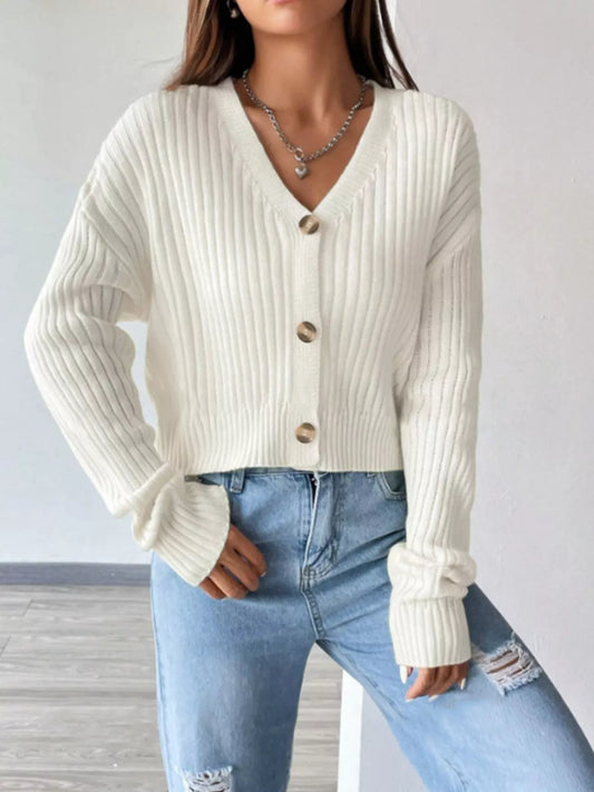 Soft Cropped Ribbed Cardigan with V-Neckline and Gold Buttons