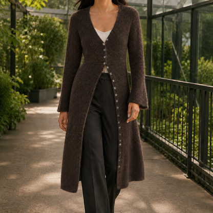 Soft Fluffy Longline Cardigan with V-Neckline and Flared Hem