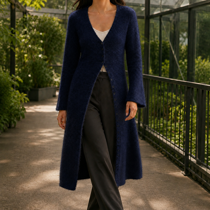 Soft Fluffy Longline Cardigan with V-Neckline and Flared Hem