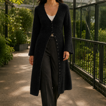 Soft Fluffy Longline Cardigan with V-Neckline and Flared Hem