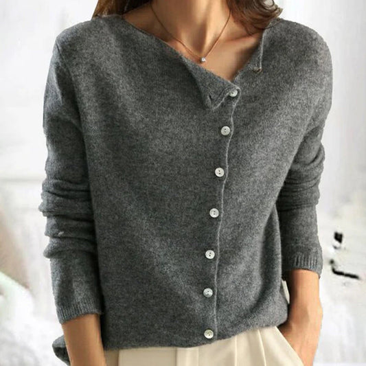 Soft Knit Cardigan with Diagonal Button Placket and Round Neck