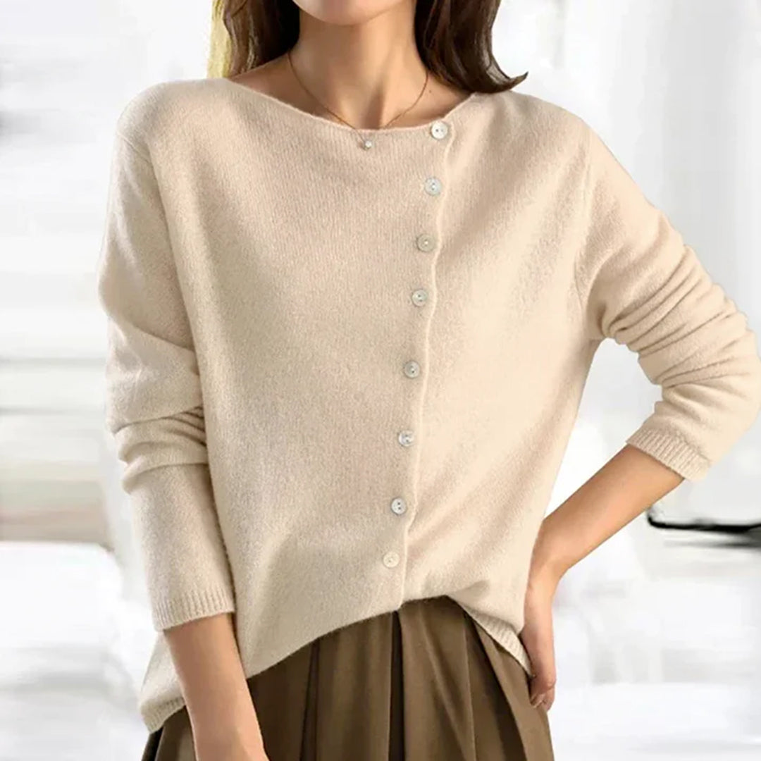 Soft Knit Cardigan with Diagonal Button Placket and Round Neck