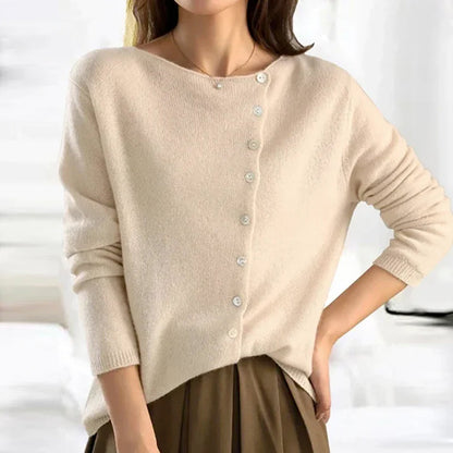 Soft Knit Cardigan with Diagonal Button Placket and Round Neck