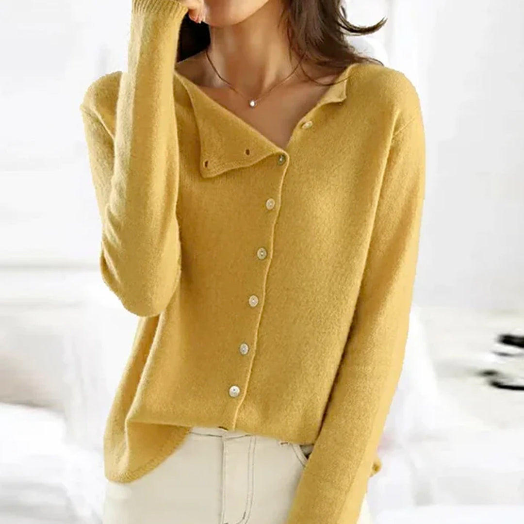 Soft Knit Cardigan with Diagonal Button Placket and Round Neck