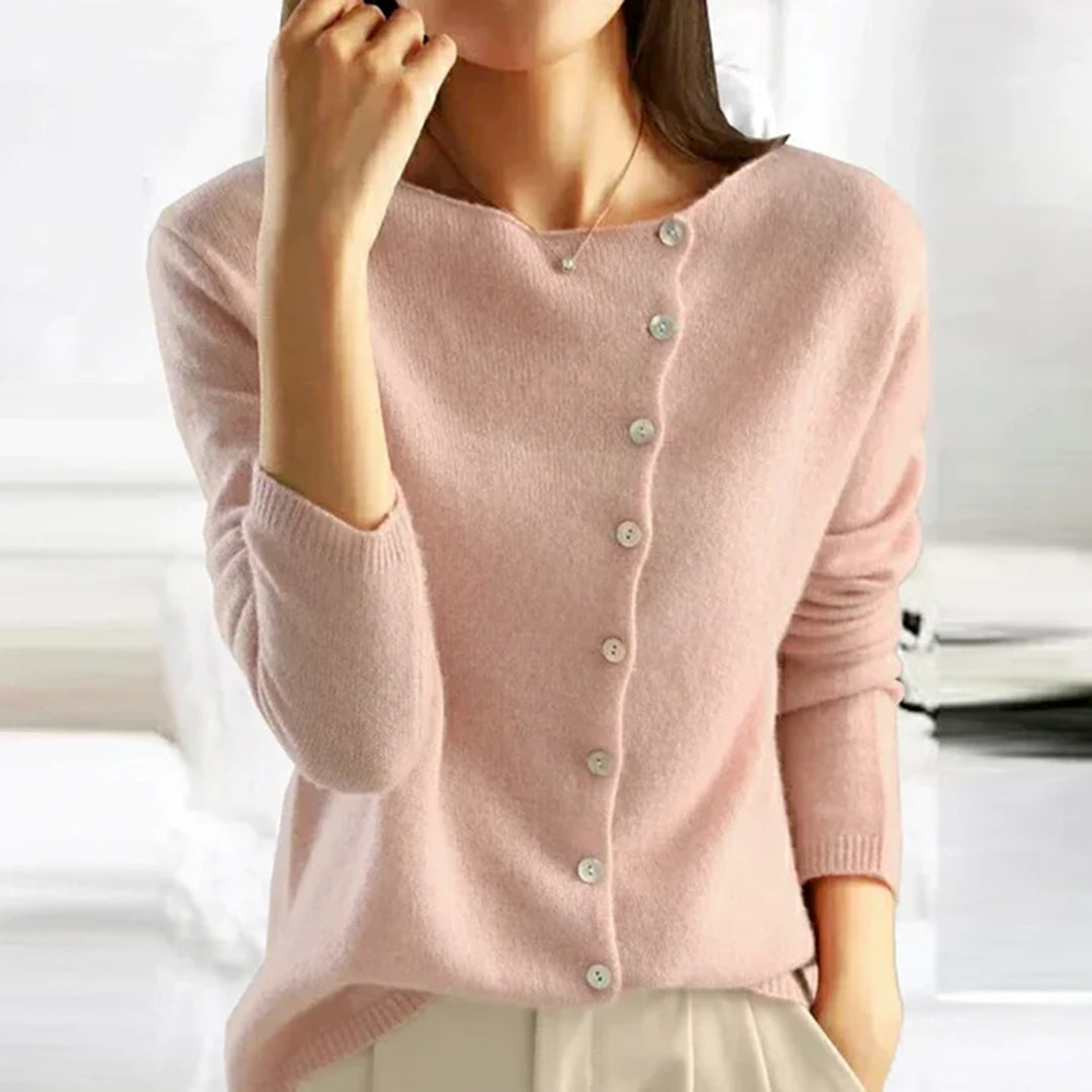 Soft Knit Cardigan with Diagonal Button Placket and Round Neck