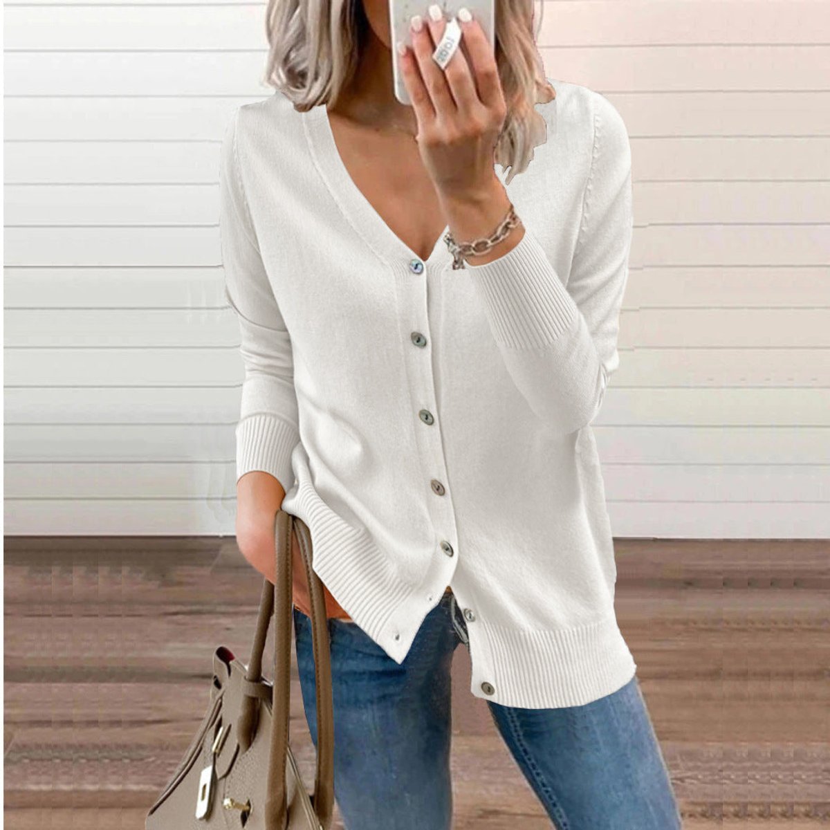 Soft Knit Cardigan with V-Neckline and Ribbed Cuffs
