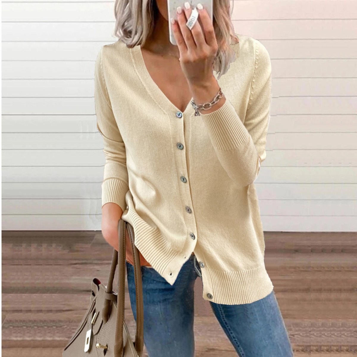 Soft Knit Cardigan with V-Neckline and Ribbed Cuffs