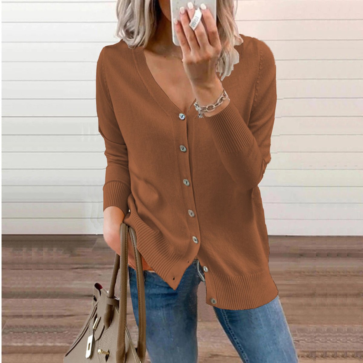 Soft Knit Cardigan with V-Neckline and Ribbed Cuffs