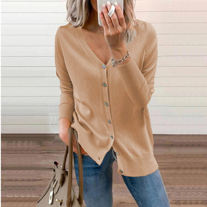 Soft Knit Cardigan with V-Neckline and Ribbed Cuffs