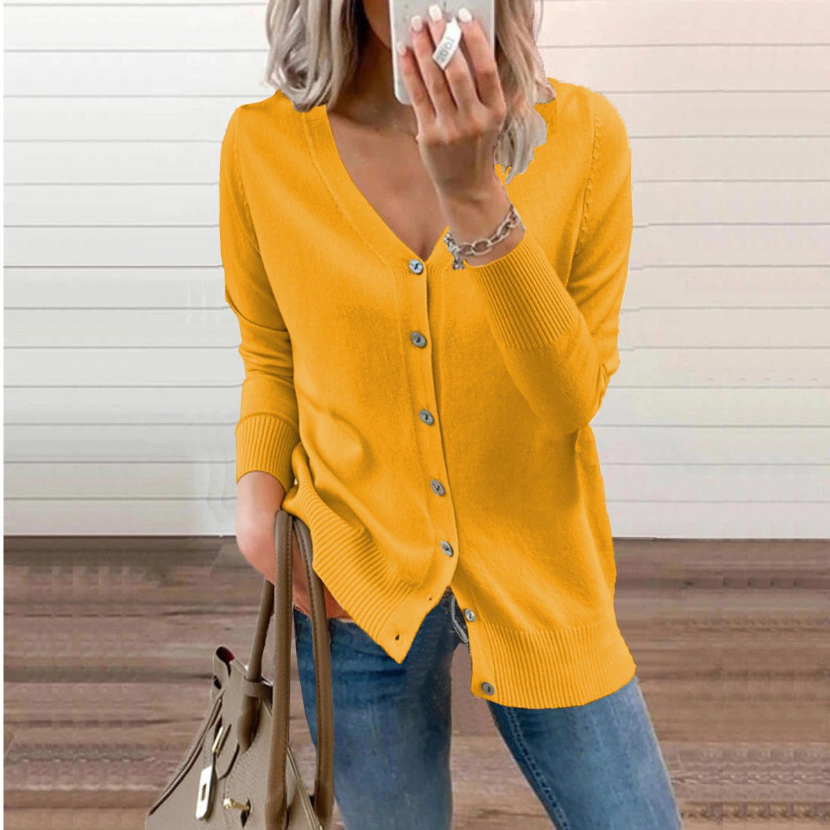 Soft Knit Cardigan with V-Neckline and Ribbed Cuffs