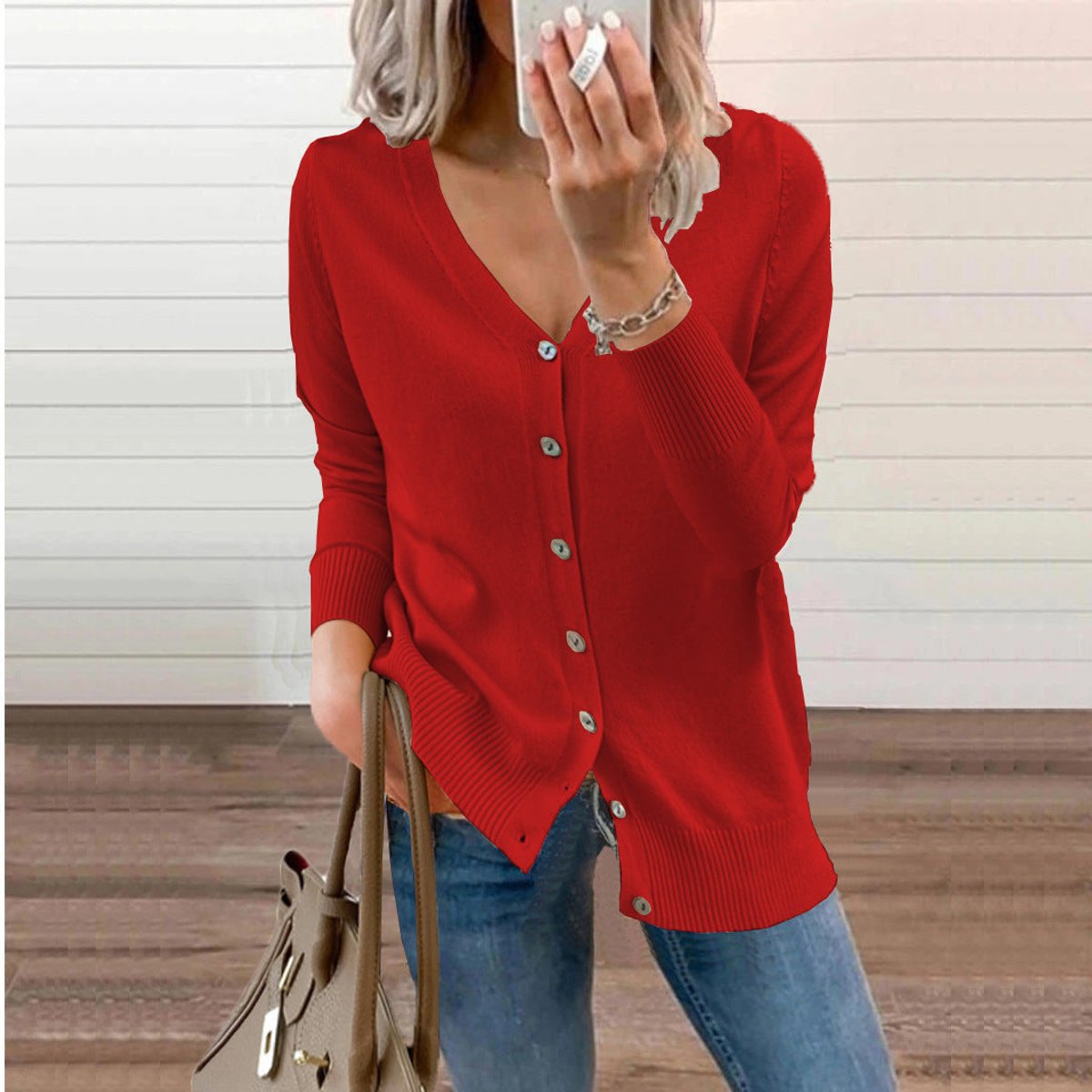 Soft Knit Cardigan with V-Neckline and Ribbed Cuffs