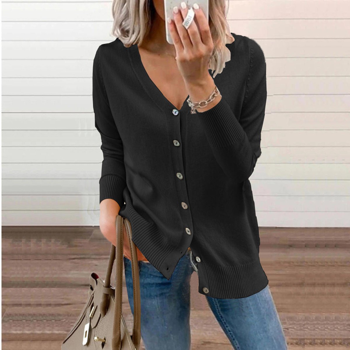 Soft Knit Cardigan with V-Neckline and Ribbed Cuffs
