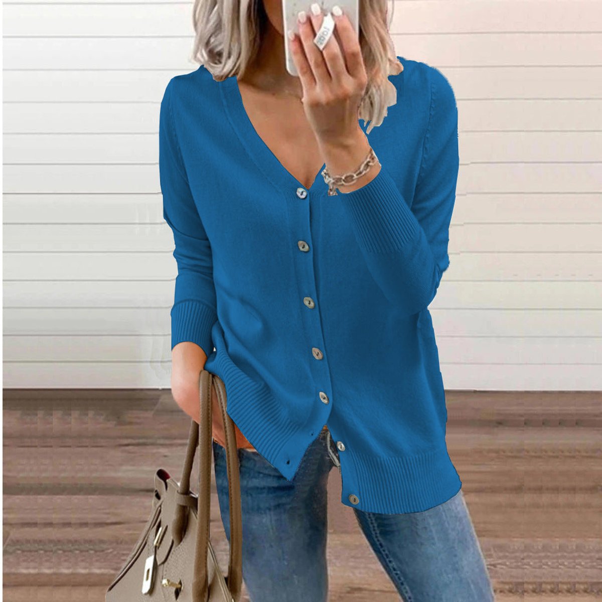 Soft Knit Cardigan with V-Neckline and Ribbed Cuffs