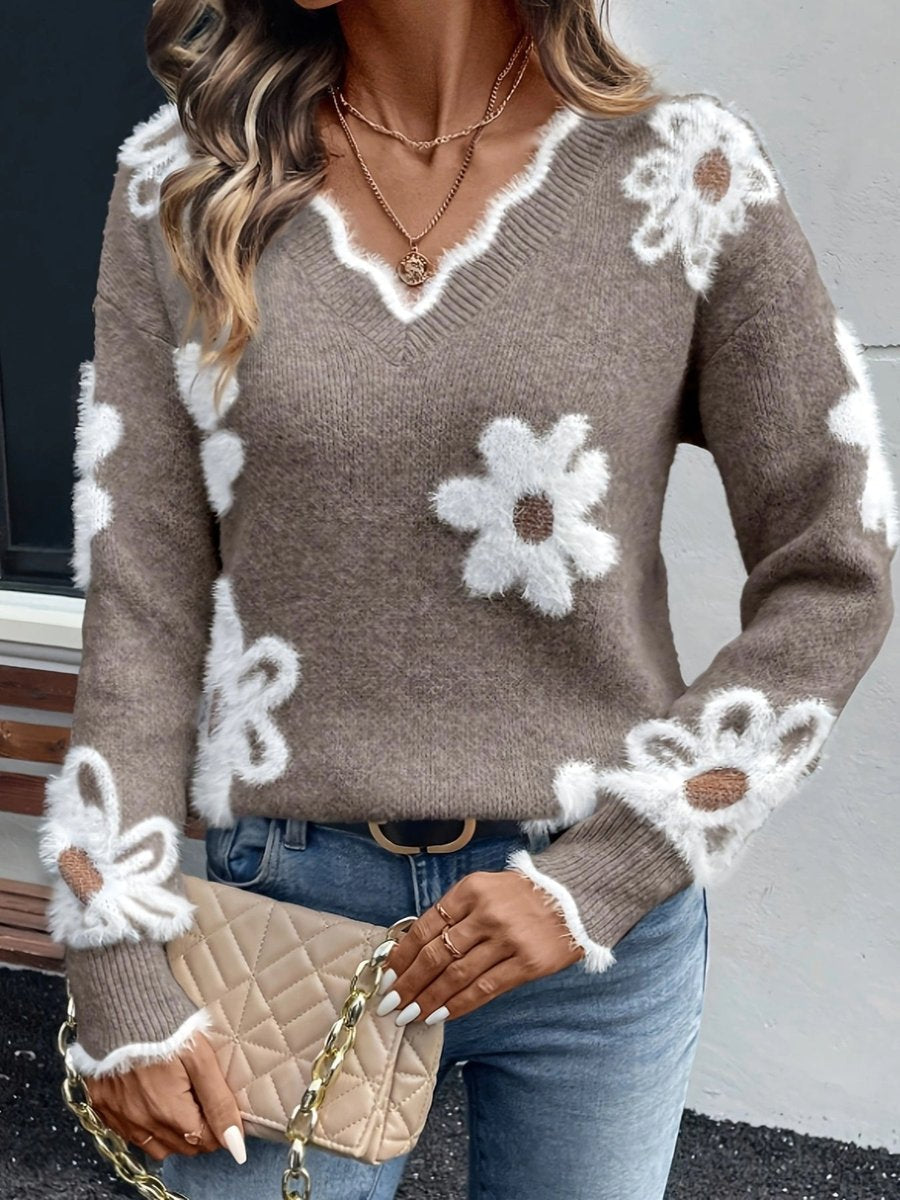 Soft Knit Sweater with Daisy Print and V-Neckline