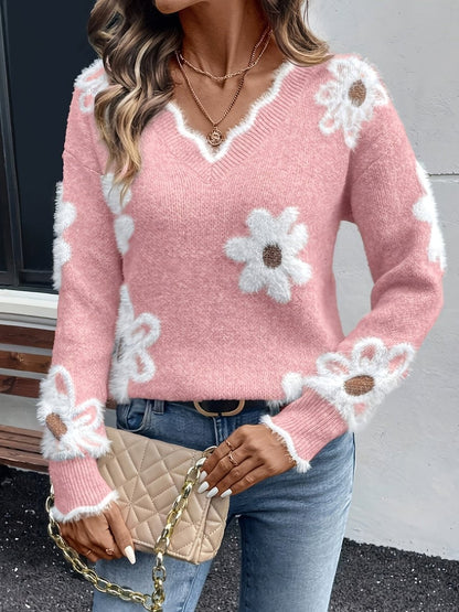 Soft Knit Sweater with Daisy Print and V-Neckline