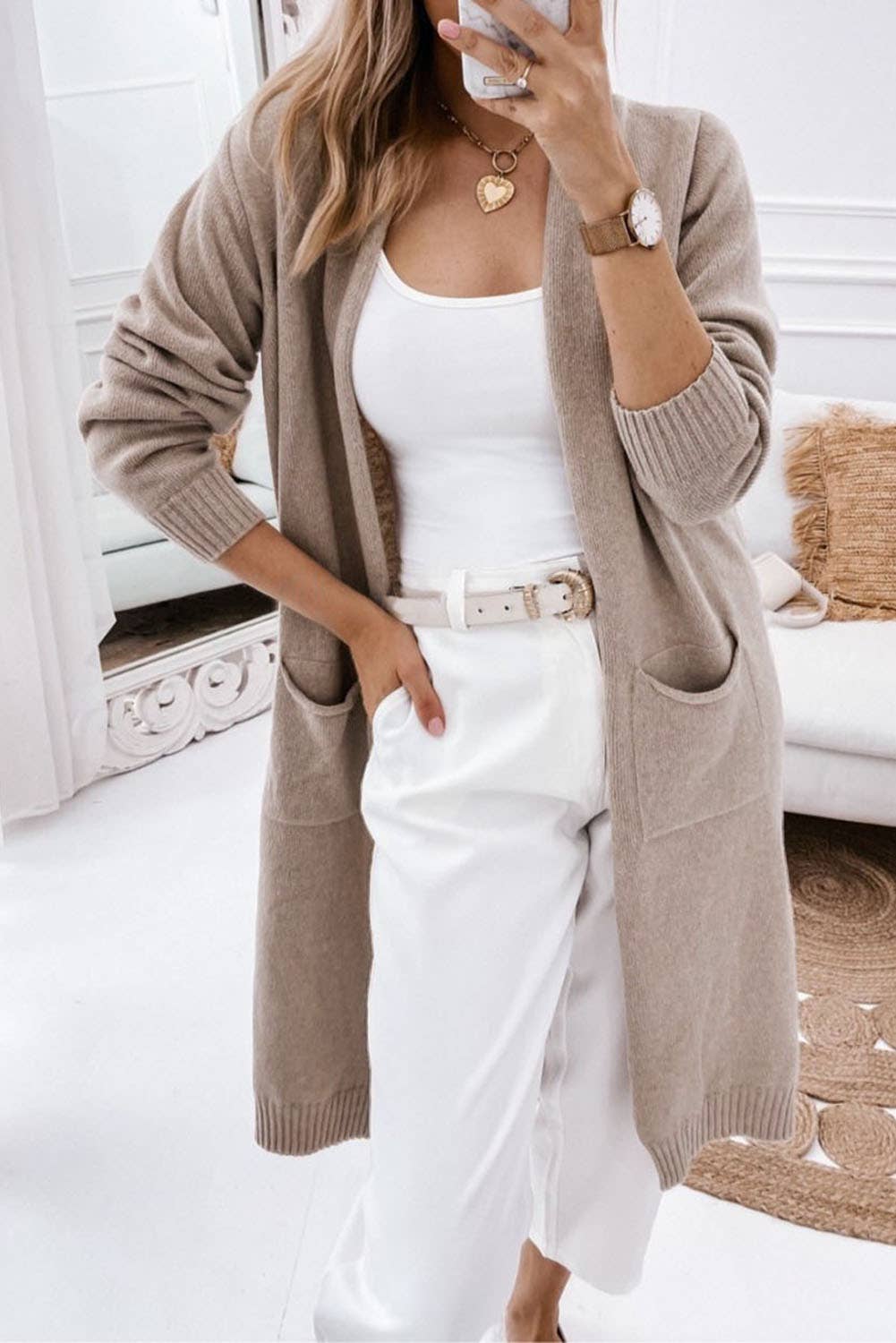 Soft Long Open Front Cardigan with Side Pockets