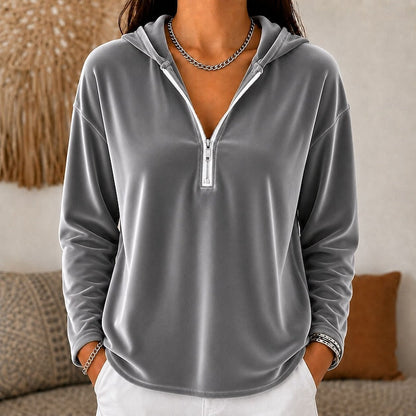 Soft Velvet Hoodie with Quarter Zip and V-Neckline
