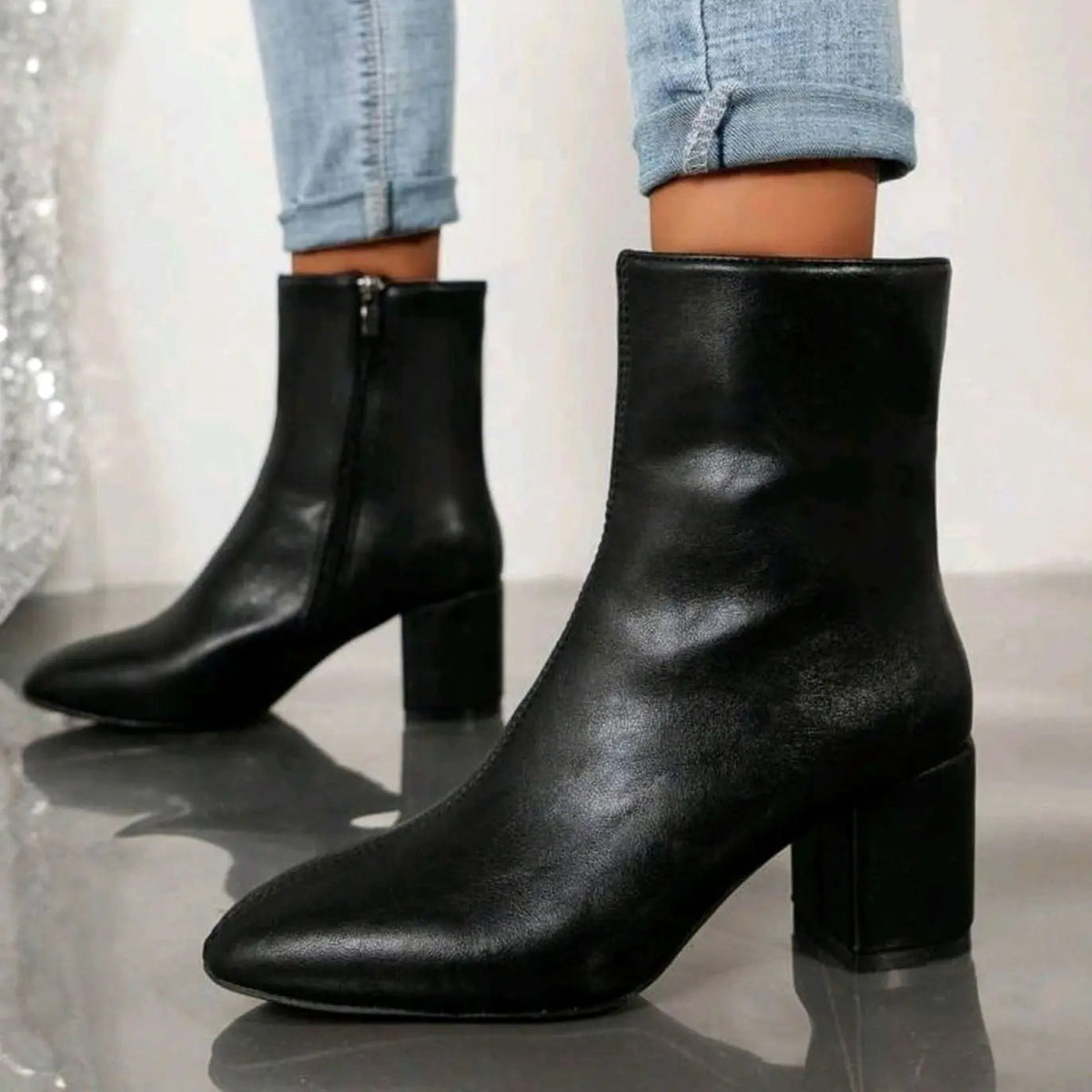 Statement Leather Heeled Ankle Boots with Block Heel and Pointed Toe