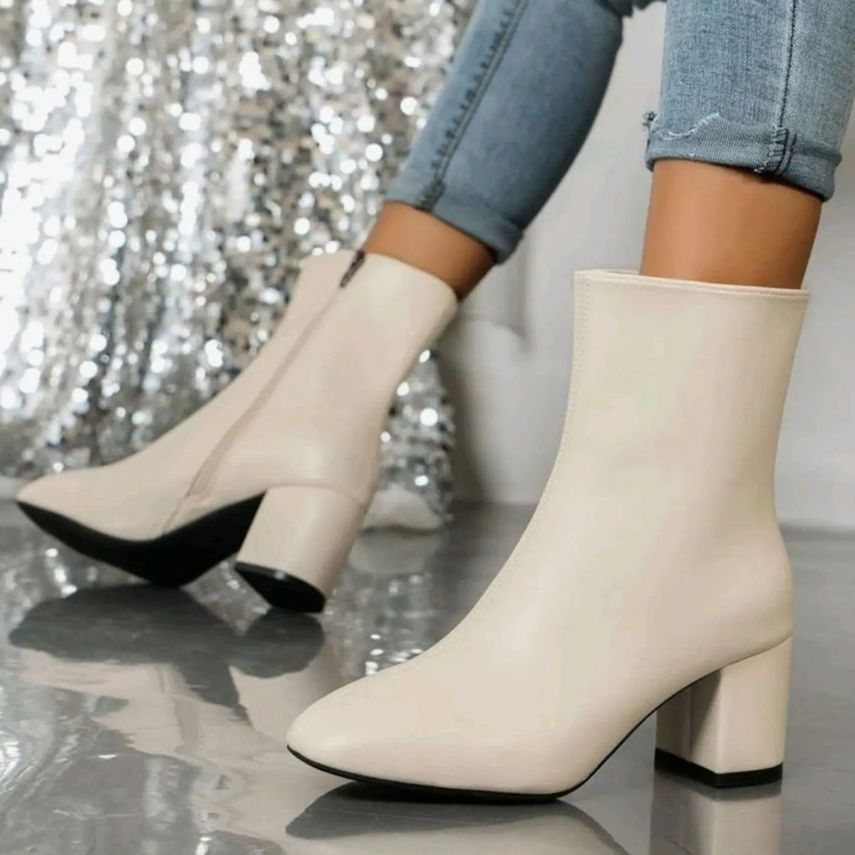 Statement Leather Heeled Ankle Boots with Block Heel and Pointed Toe
