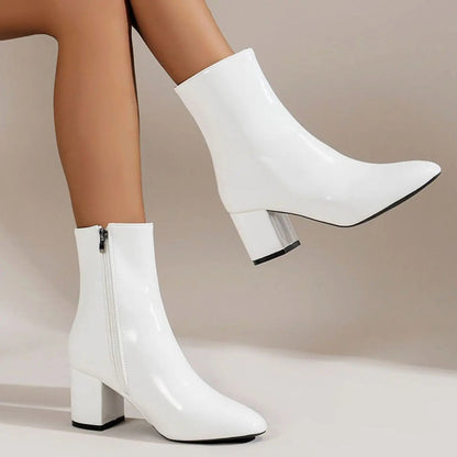 Statement Leather Heeled Ankle Boots with Block Heel and Pointed Toe