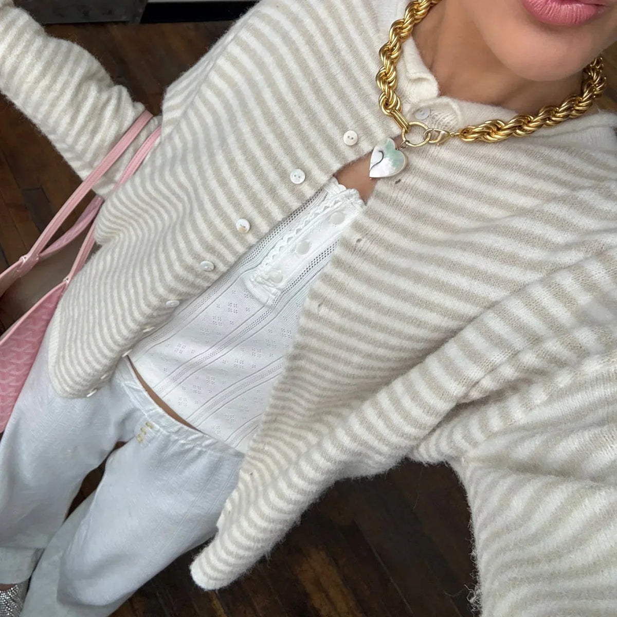 Striped Knit Cardigan with Collar and Pearl Buttons