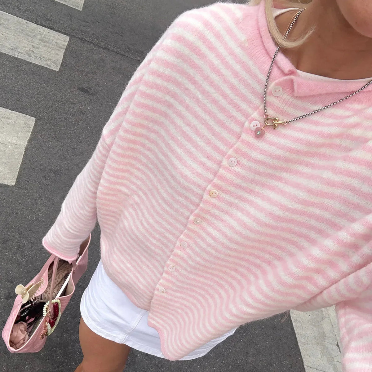 Striped Knit Cardigan with Collar and Pearl Buttons