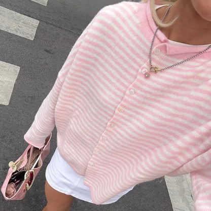 Striped Knit Cardigan with Collar and Pearl Buttons