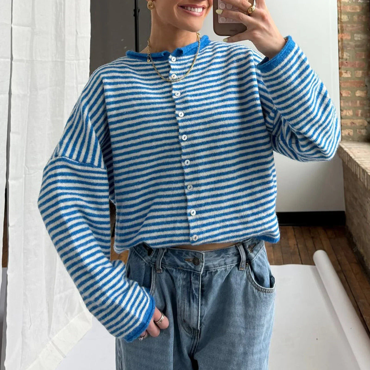 Striped Knit Cardigan with Collar and Pearl Buttons