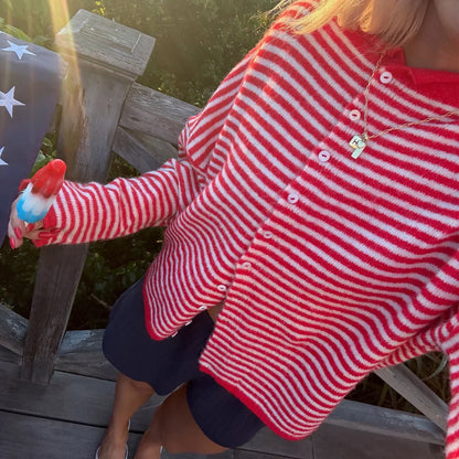 Striped Knit Cardigan with Collar and Pearl Buttons